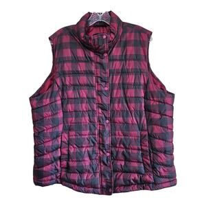GAP Women's XXL 2X Puffer Vest Buffalo Check Red Black Snaps Gorpcore 48" AS IS